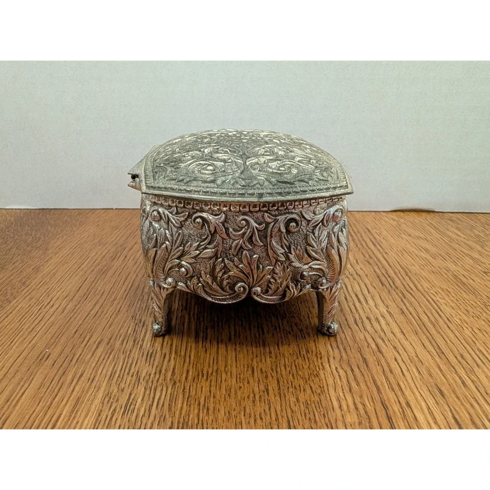 Vintage Silver Toned Jewelry Trinket Box/Footed/Red Velvet Lining